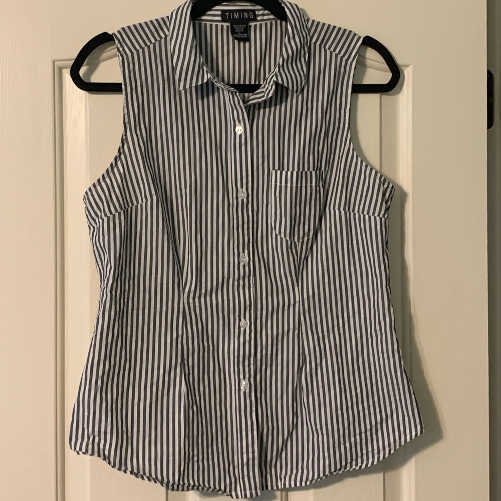 grey & white striped button up tank top